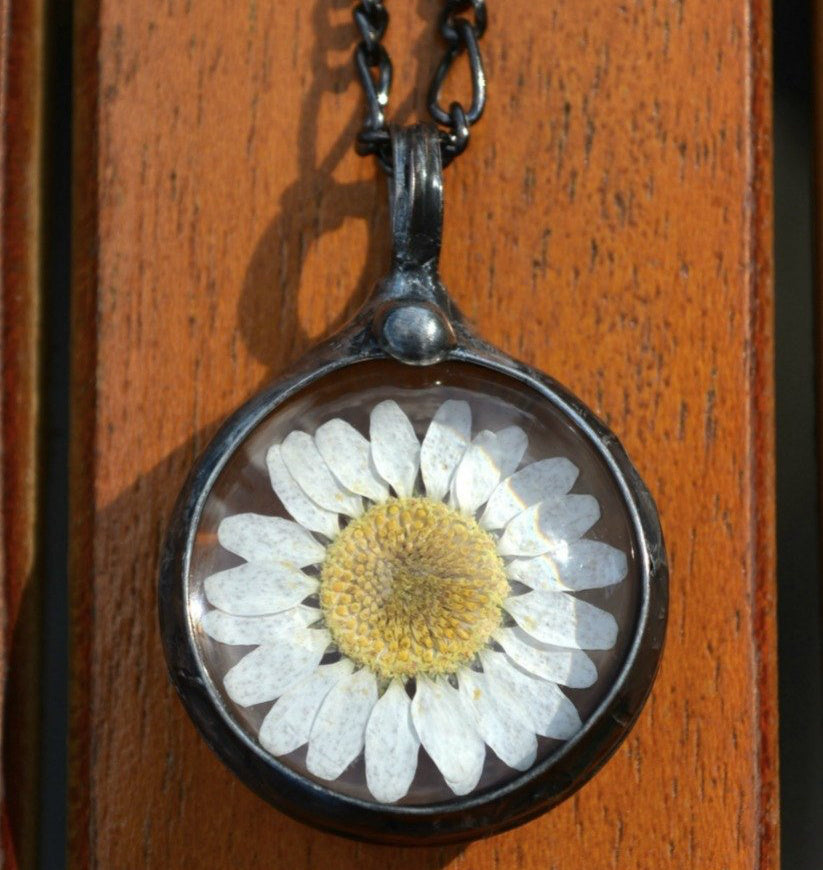 Real Dried Flowers in Resin Necklace, Small Silver Circle in Yellow Orange Red 28