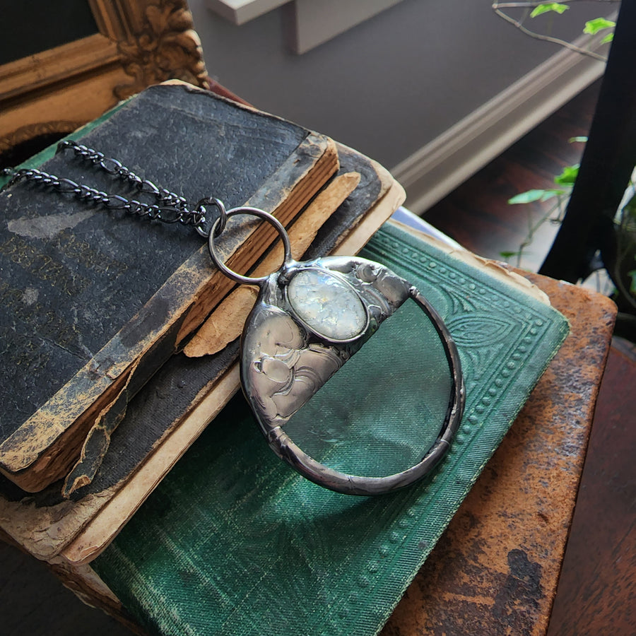 Magnifying Glass Necklace, White Opal Glass