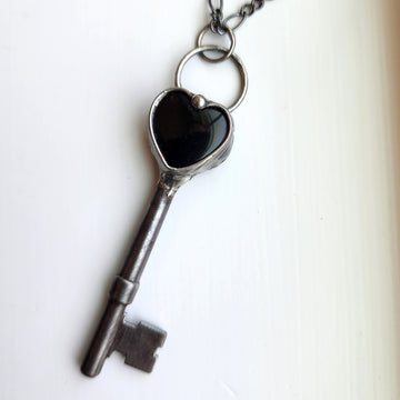 Key to my Black Heart Necklace, Antique Skeleton Key with Black Onyx Heart