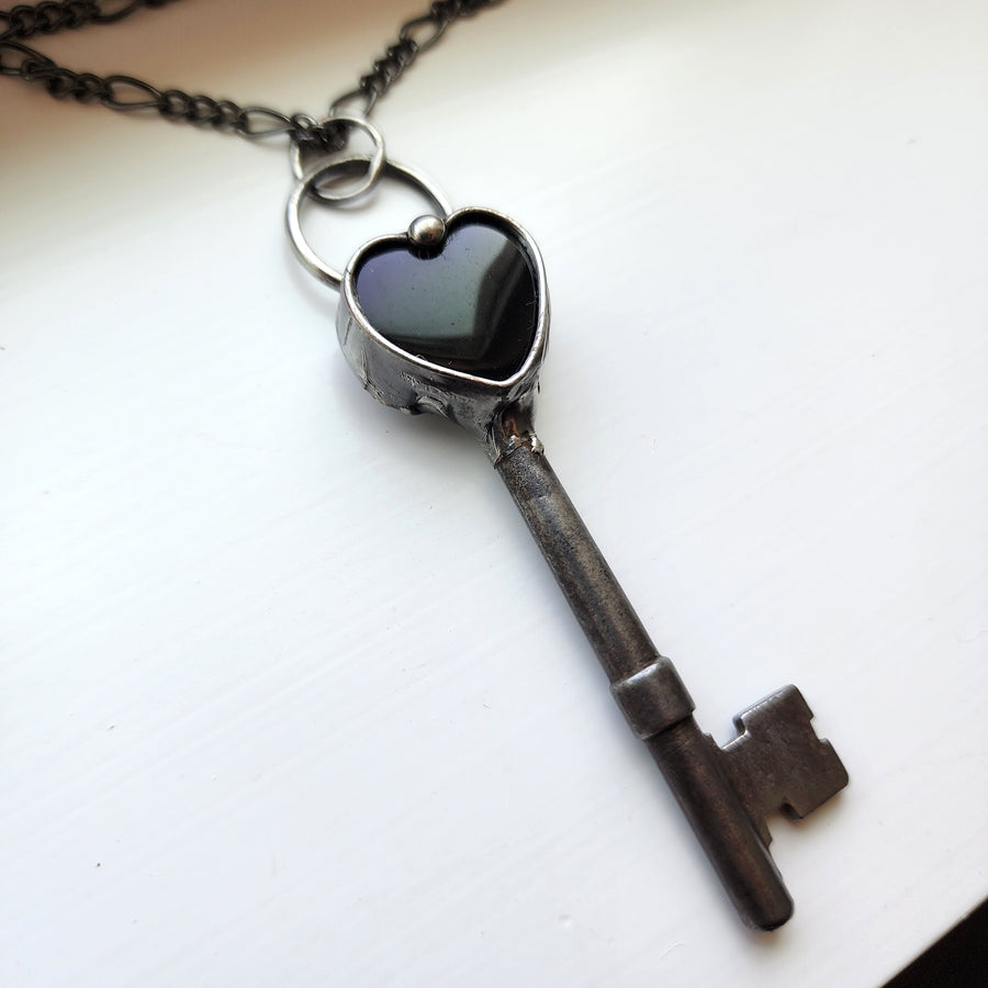 Key to my Black Heart Necklace, Antique Skeleton Key with Black Onyx Heart