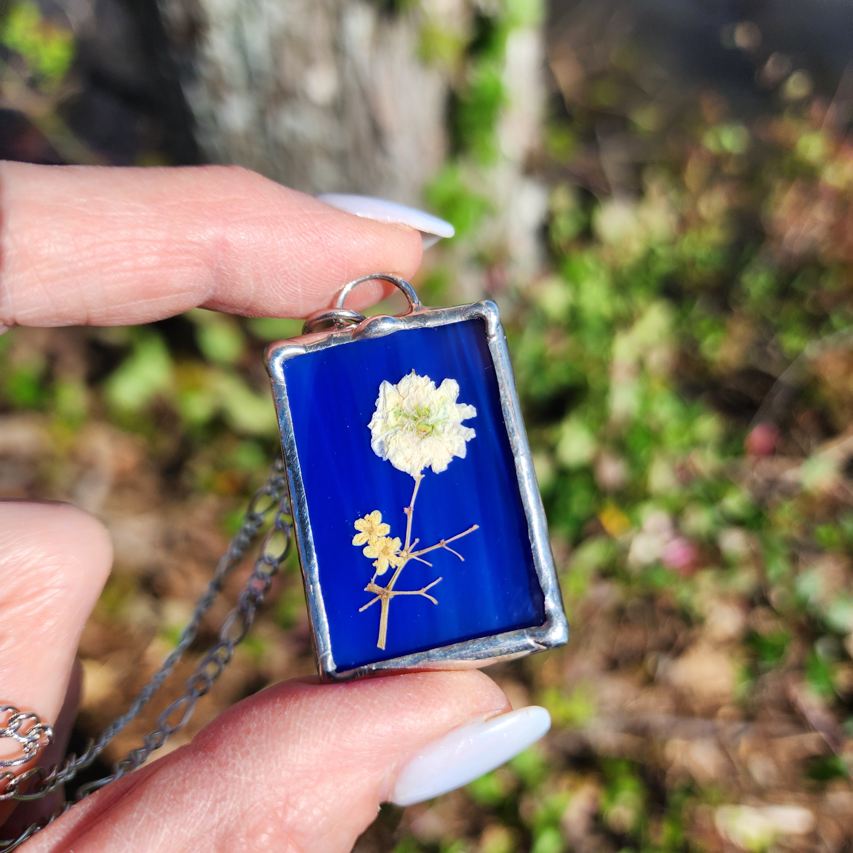 Blue Stained Glass With Pressed Flower Pendant Bayou Glass Arts