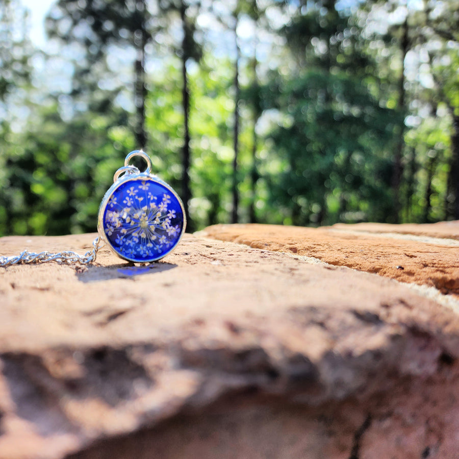 Stained Glass Necklace, Blue with Queen Anne's Lace