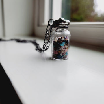 Tiny Polished Gemstones in Vintage Glass Bottle Fidget Necklace