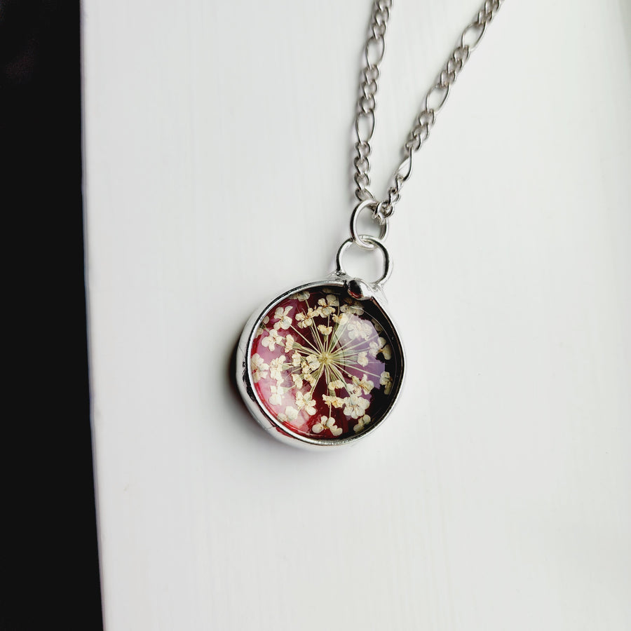 Stained Glass Necklace for Women, Ruby Red Glass with Queen Anne's Lace