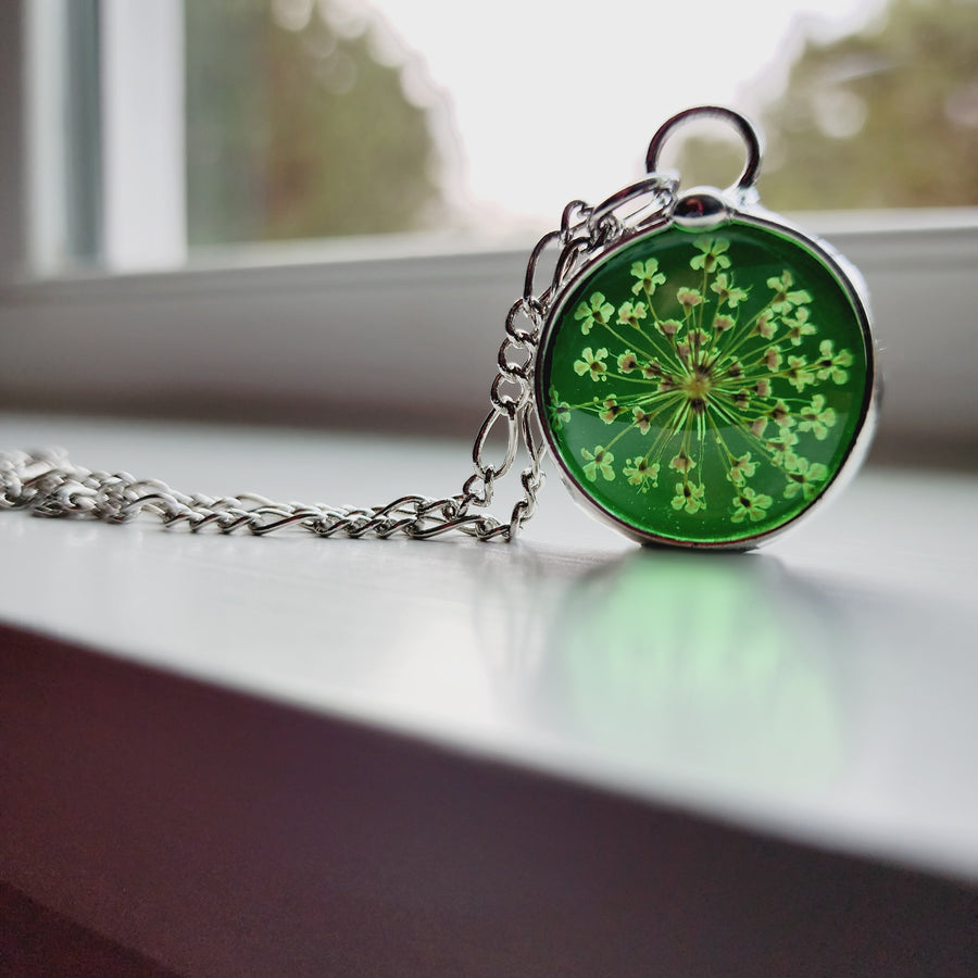 Stained Glass and Queen Anne's Lace Pendant Necklace