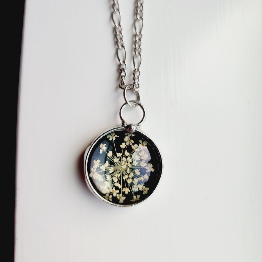 Stained Glass Necklace for Women, Black Glass with Real Queen Anne's Lace Encased