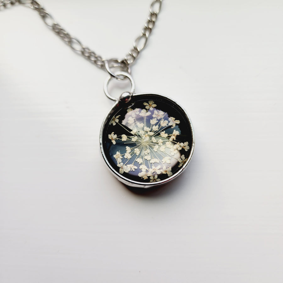 Stained Glass Necklace for Women, Black Glass with Real Queen Anne's Lace Encased