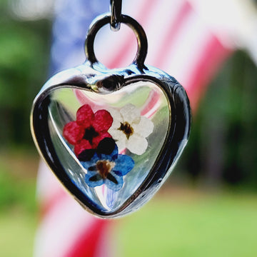 Small Glass Heart Necklace with Red, White and Blue Pressed Flowers