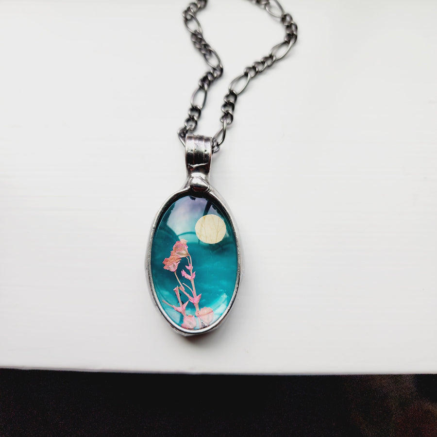 Stained Glass Jewelry, Full Moon with Pink Flowers on Turquoise Glass - SOLD