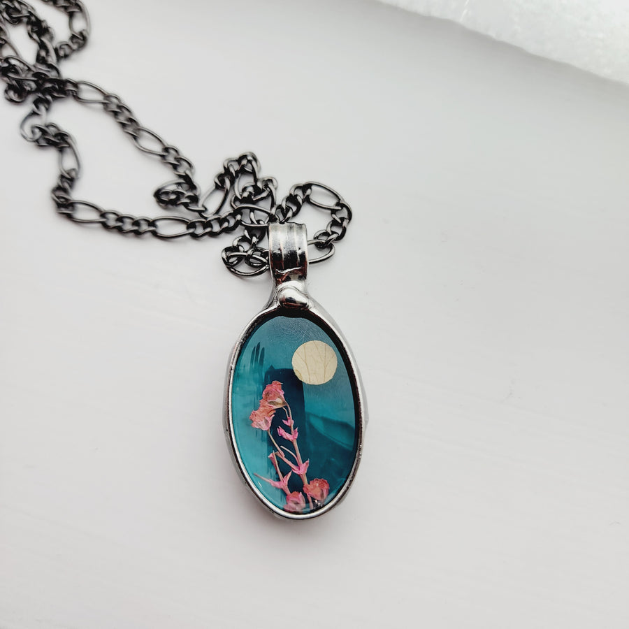 Stained Glass Jewelry, Full Moon with Pink Flowers on Turquoise Glass - SOLD