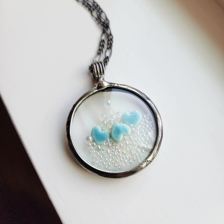 Fidget Jewelry, Blue Hearts and Bubbles Pendant Necklace