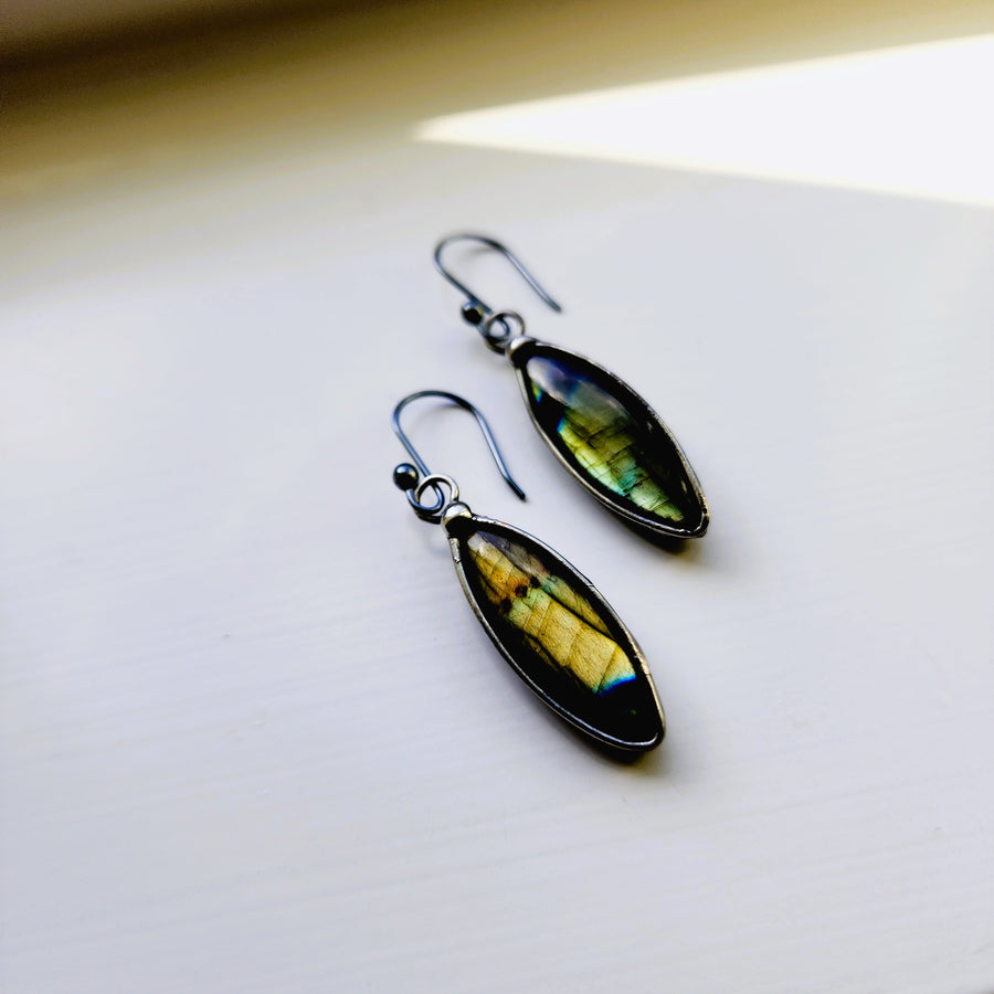 Labradorite Earrings, Marquise Shape, Gold & Green Flash