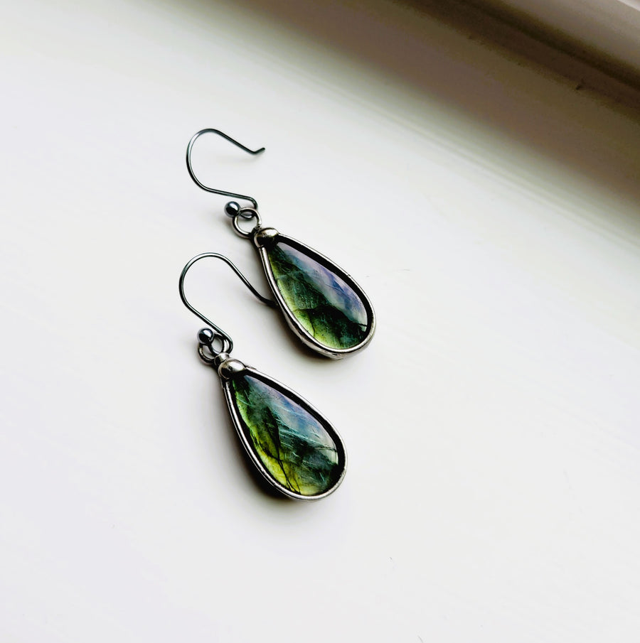 Labradorite Earrings, Green Flash - SOLD