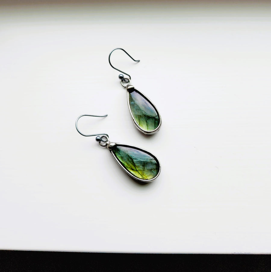 Labradorite Earrings, Green Flash - SOLD