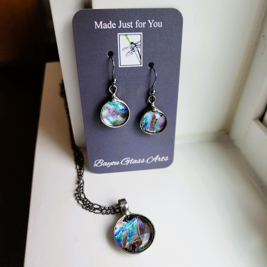 Colorful Fused Glass Pendant and Earrings Set