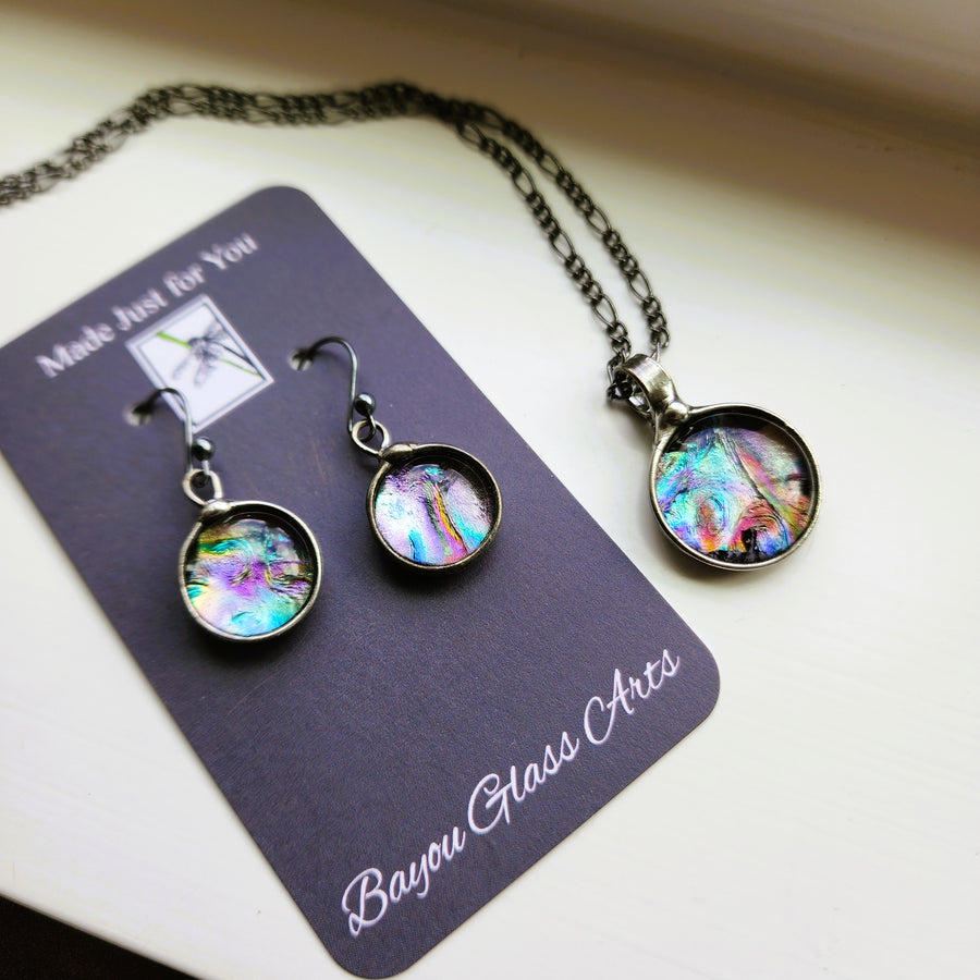 Colorful Fused Glass Pendant and Earrings Set