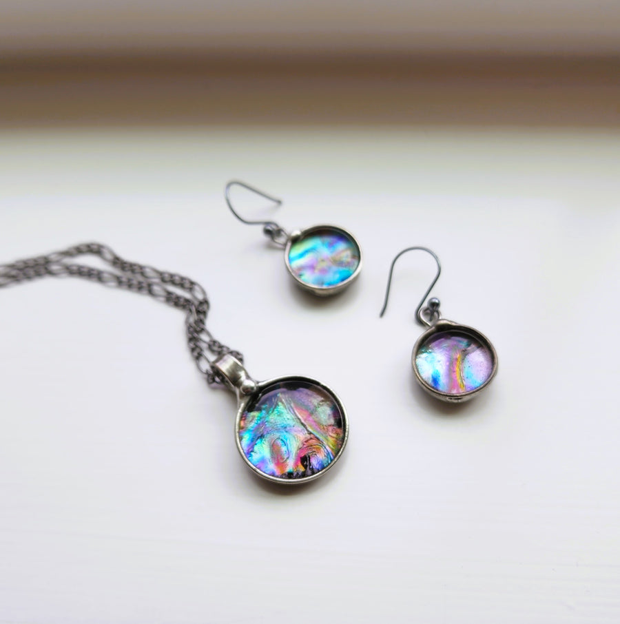 Colorful Fused Glass Pendant and Earrings Set