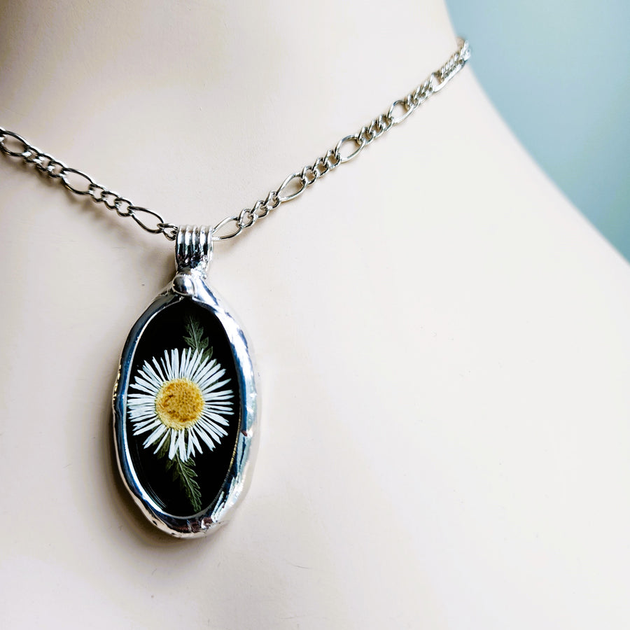 Black Stained Glass with Tiny Daisy Pendant