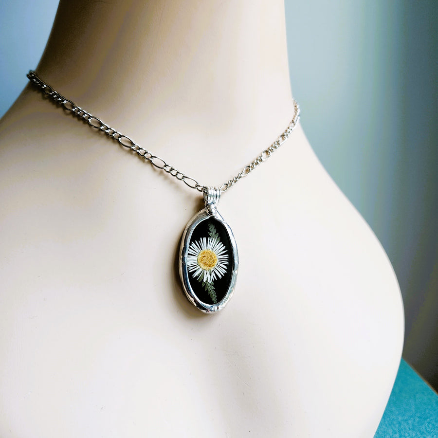 Black Stained Glass with Tiny Daisy Pendant