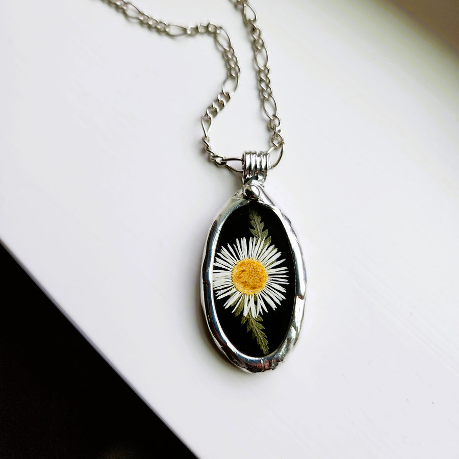 Black Stained Glass with Tiny Daisy Pendant