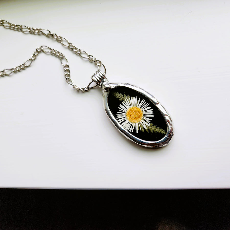 Black Stained Glass with Tiny Daisy Pendant