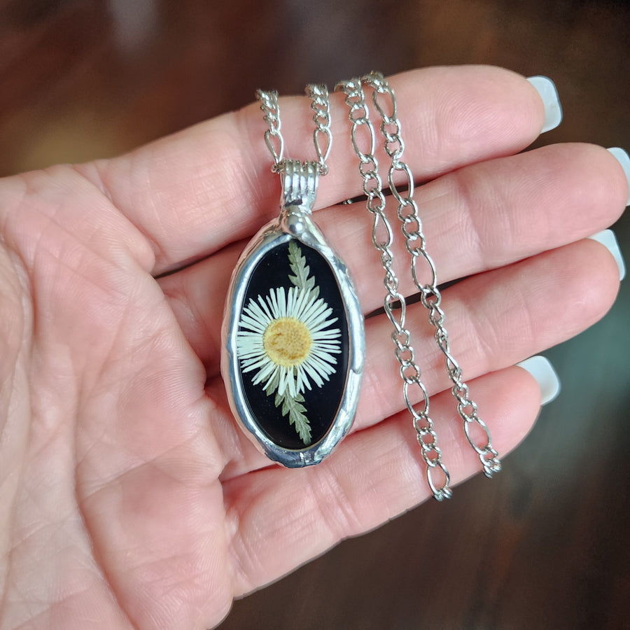 Black Stained Glass with Tiny Daisy Pendant