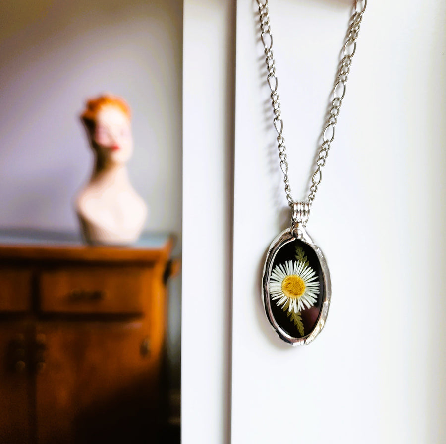 Black Stained Glass with Tiny Daisy Pendant