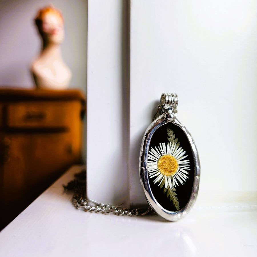 Black Stained Glass with Tiny Daisy Pendant