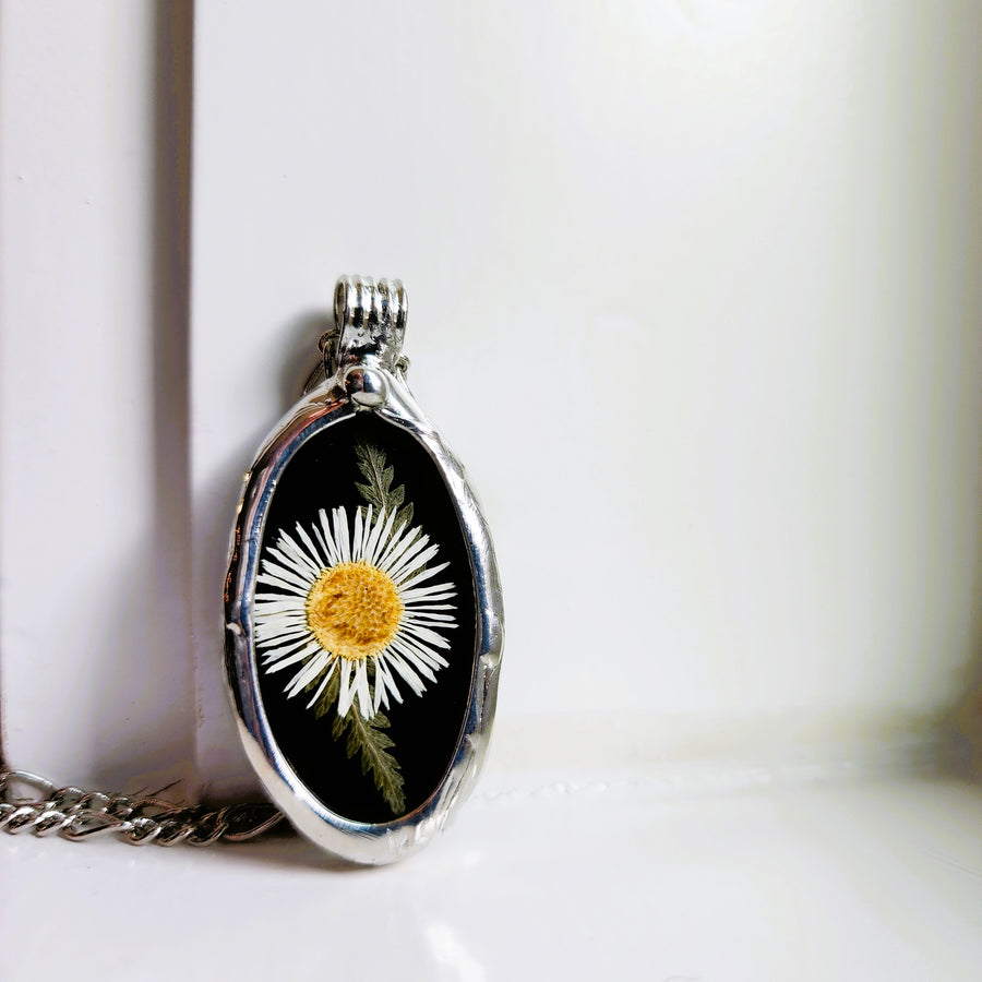 Black Stained Glass with Tiny Daisy Pendant