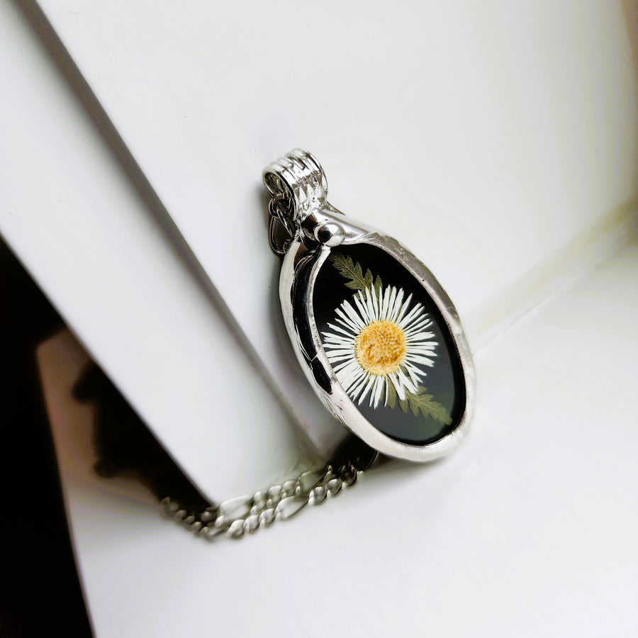 Black Stained Glass with Tiny Daisy Pendant