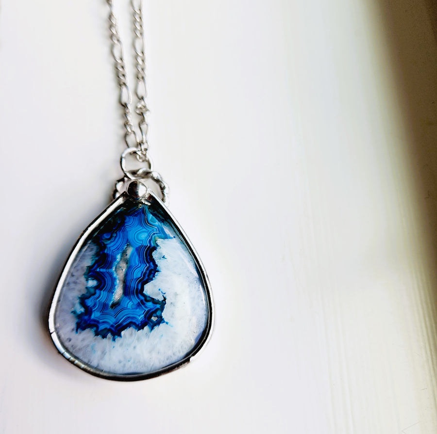 Large Blue Agate Druzy Pendant Necklace - SOLD