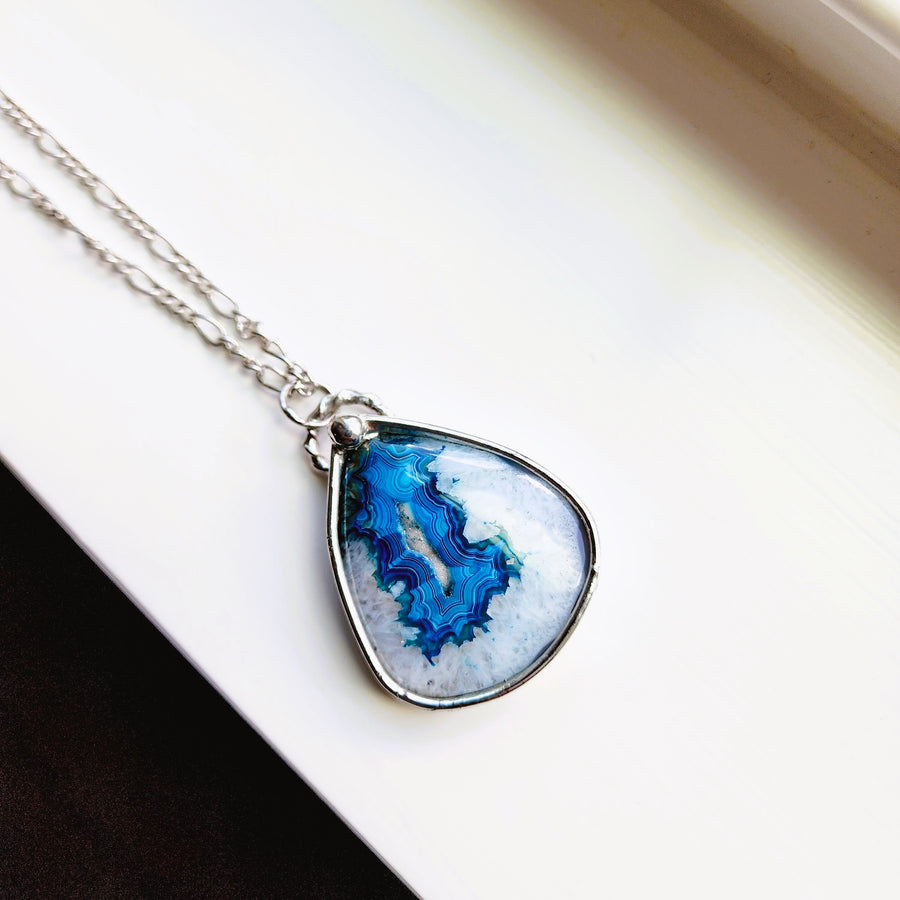 Large Blue Agate Druzy Pendant Necklace - SOLD