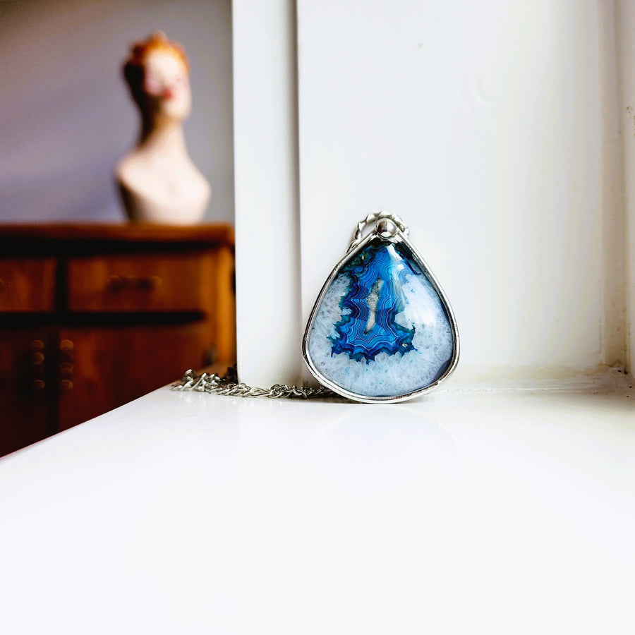 Large Blue Agate Druzy Pendant Necklace - SOLD