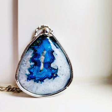 Large Blue Agate Druzy Pendant Necklace - SOLD