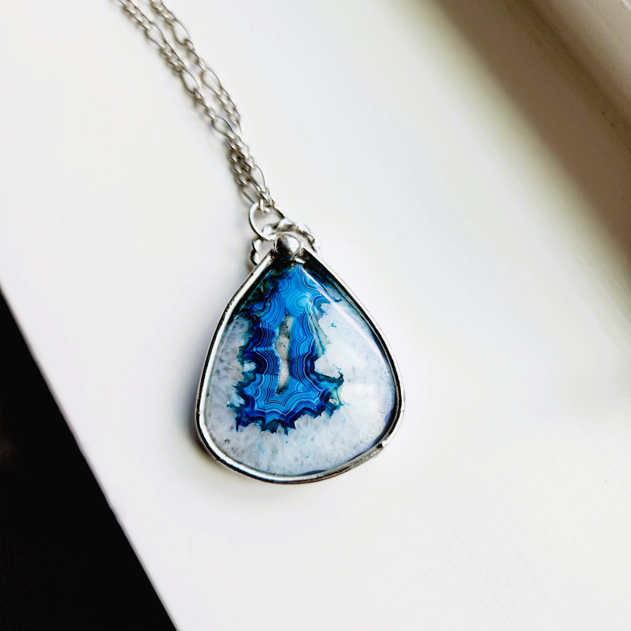 Large Blue Agate Druzy Pendant Necklace - SOLD