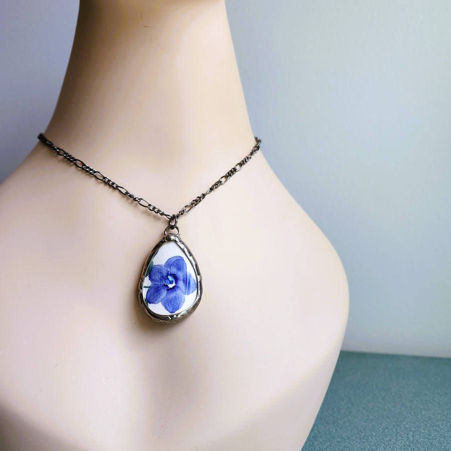 Repurposed China Pendant with Blue Flower - SOLD