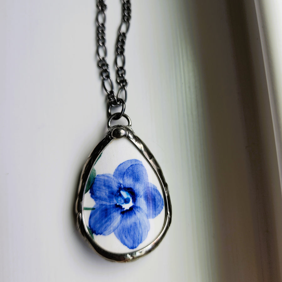 Repurposed China Pendant with Blue Flower - SOLD