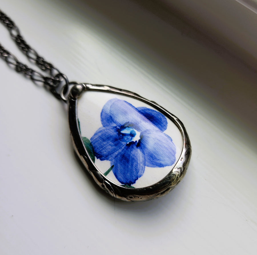 Repurposed China Pendant with Blue Flower - SOLD