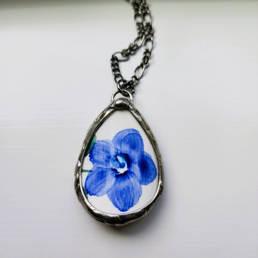 Repurposed China Pendant with Blue Flower - SOLD