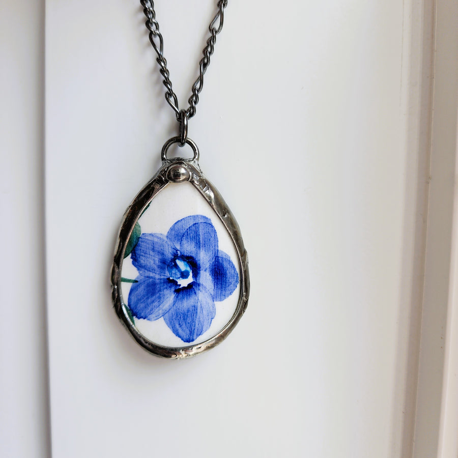 Repurposed China Pendant with Blue Flower - SOLD