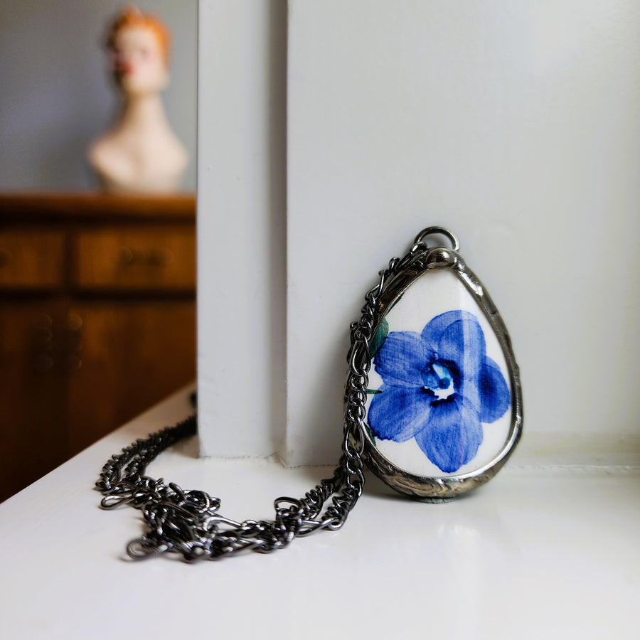 Repurposed China Pendant with Blue Flower - SOLD