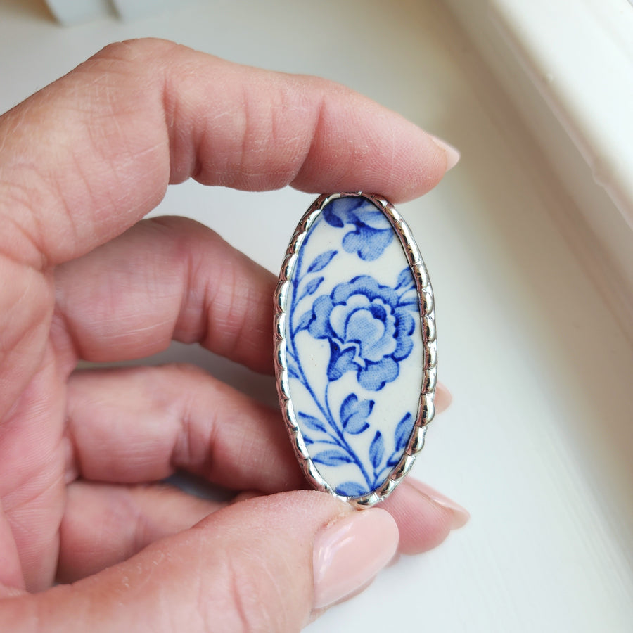 Repurposed Blue and White China Plate Brooch