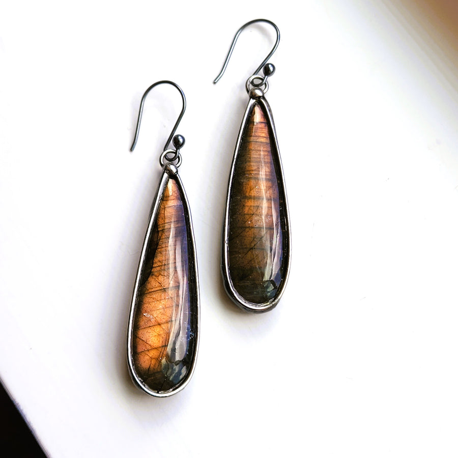 Long Pear Shaped Labradorite Earrings