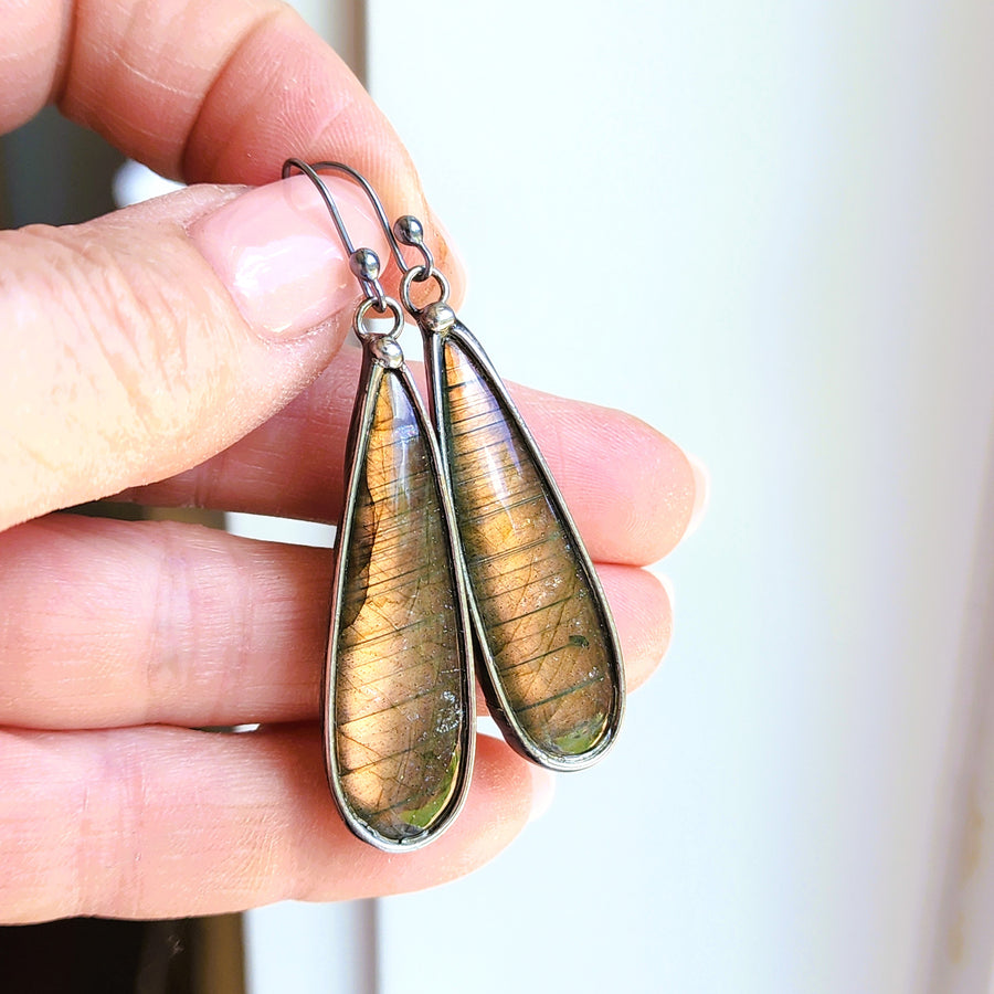 Long Pear Shaped Labradorite Earrings