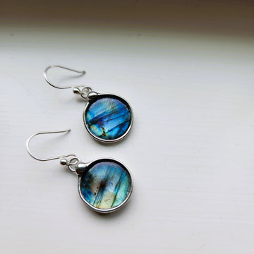 Small Round Blue Labradorite Drop Earrings