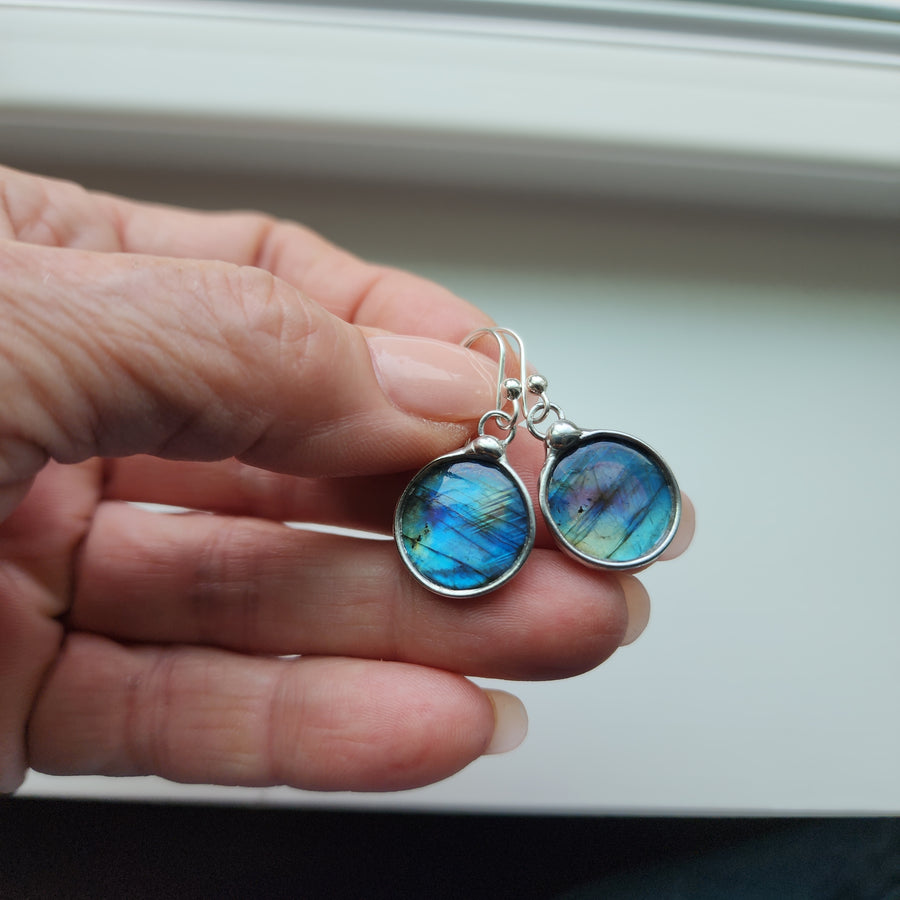 Small Round Blue Labradorite Drop Earrings