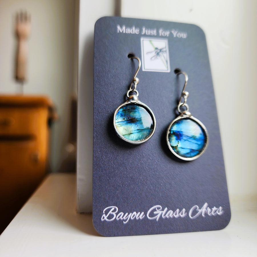 Small Round Blue Labradorite Drop Earrings