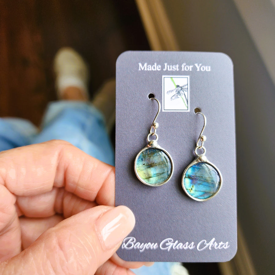 Small Round Blue Labradorite Drop Earrings