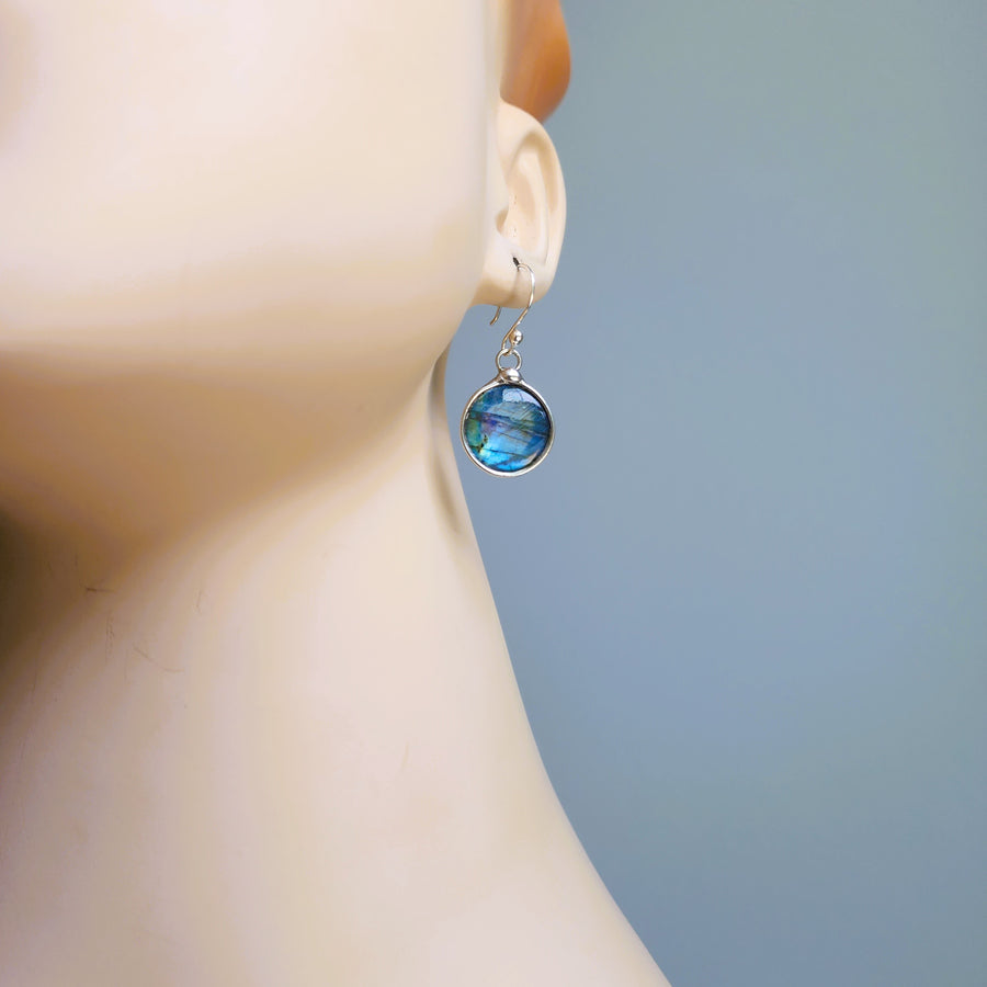 Small Round Blue Labradorite Drop Earrings