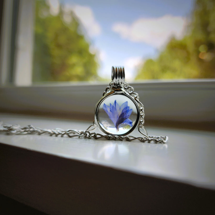 Handmade Blue Pressed Flower Necklace, Small Pendant